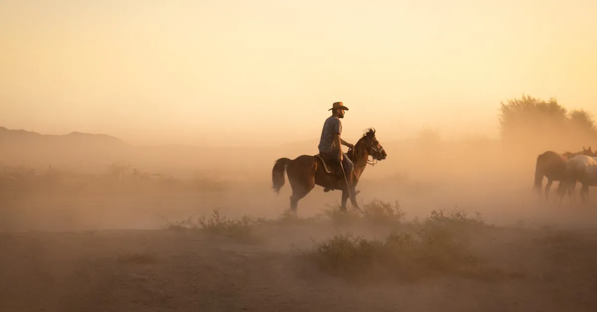 Cowboy on horseback in a dusty desert landscape at sunset, capturing western spirit.
